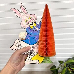 Vtg Easter bunny with carrot die cut- Hard to find rabbit with honeycomb carrot